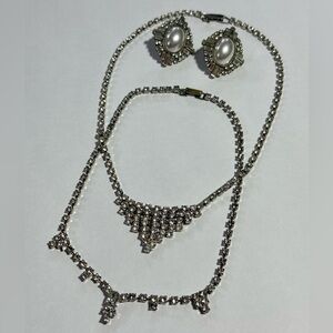 Vintage Rhinestone Pin Up Flapper Necklace Faux Pearl Post Earring Lot Art Deco